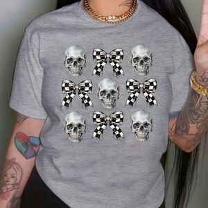 Gray T-Shirt with Skull and Bow Design